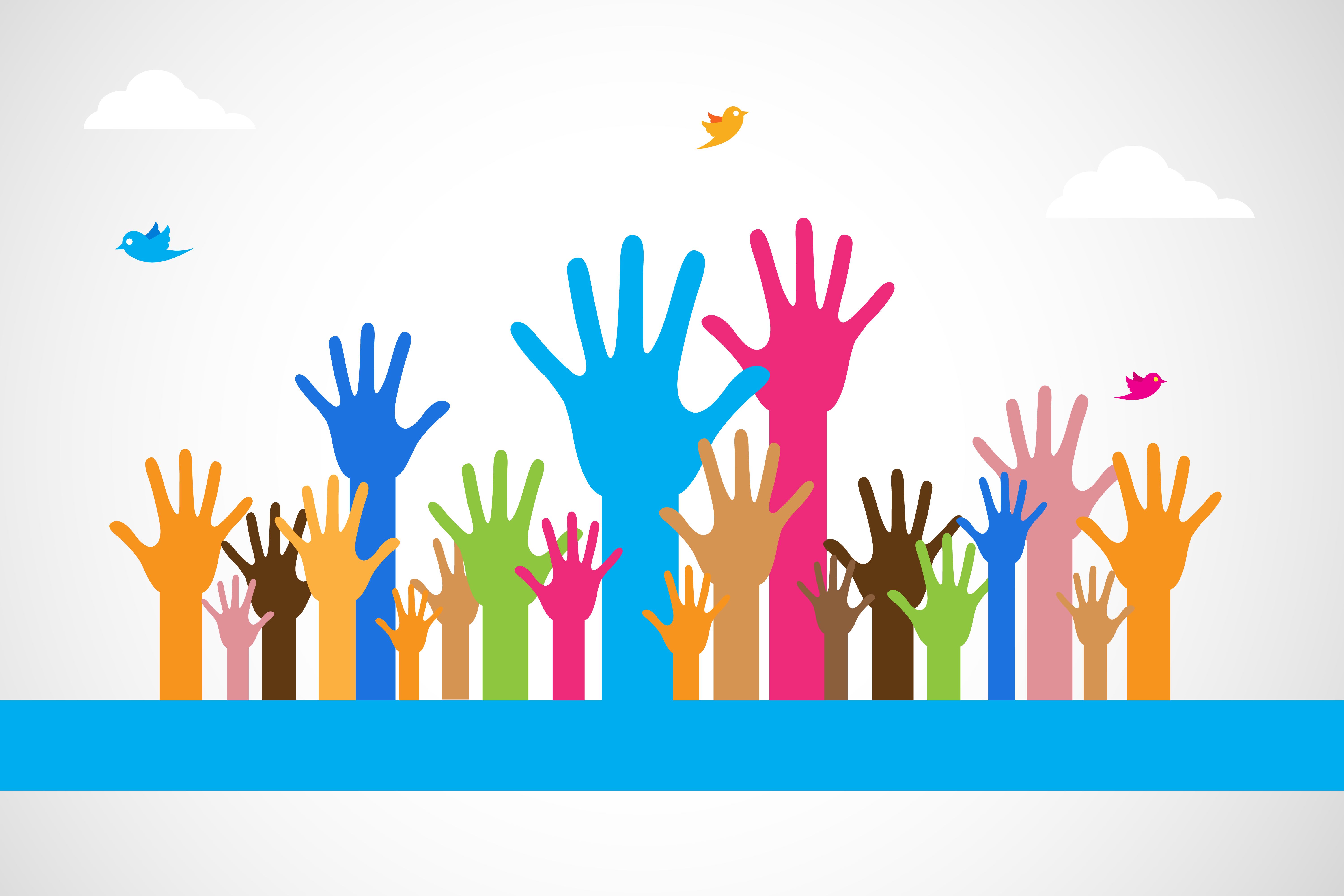 Drawn hands of various colors and sizes reaching into the sky together.