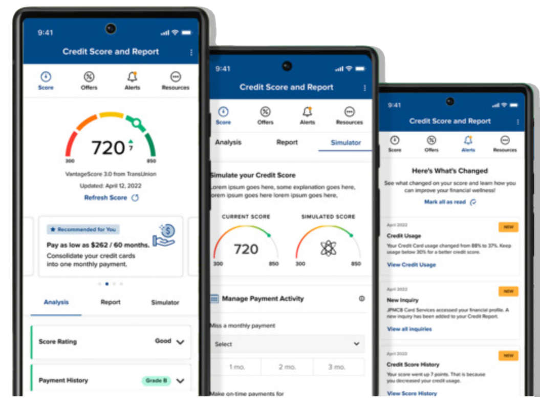 Three phones with the My Credit Dashboard product shown on their screens.