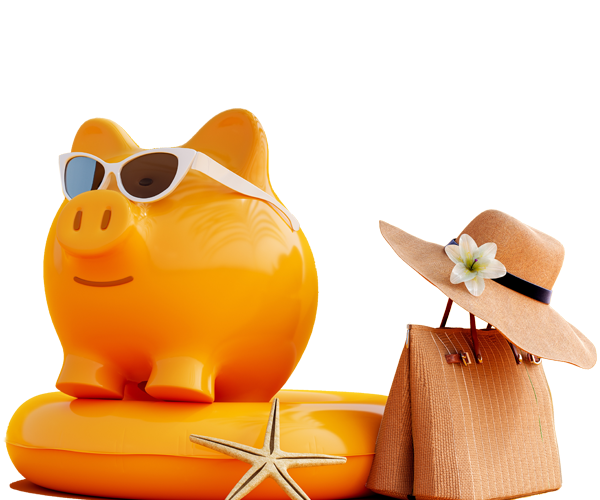 An orange piggy bank wearing sunglasses next to a peach-colored beach tote and hat.